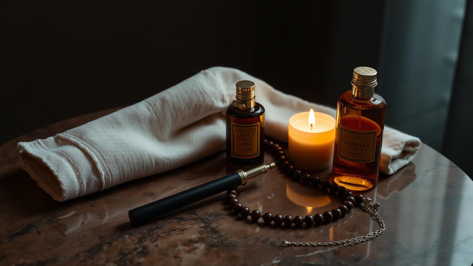 Still life of razor, fragrance, mala beads and candle on dark marble