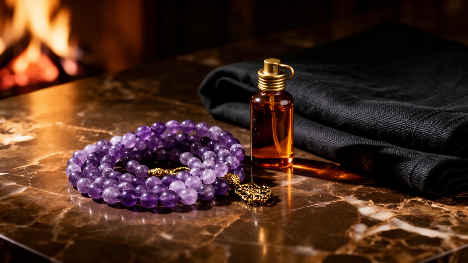 Amethyst mala and amber fragrance bottle on bronze marble